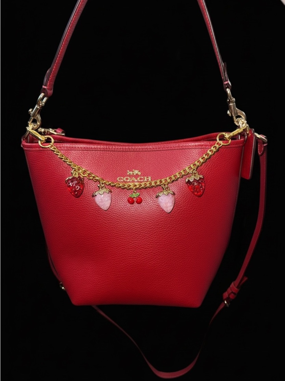 Coach Red Leather Shoulder Bag with Gold Fruit Charm Chain